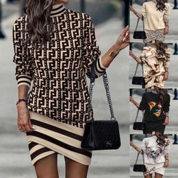 New Style Women Long Sleeve High Collar Printed Irregular Dress Designer 2023 In Autumn And Winter For Women