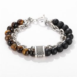 Link Bracelets Chain Tiger Eye Stone Beaded Men's Bracelet For Men Stainless Steel Gunmetal Yoga Viking Male Jewelry218L