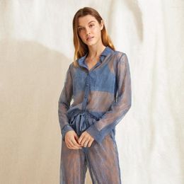 Women's Sleepwear Lace Trouser Suit See Through Sexy Womens Outfits Turn Down Collar Homewear Pijama Two-Piece Set Pyjamas For Women