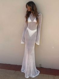 Urban Sexy Dresses Long Sleeve Knit Beach Dres See Through Slim Maxi Dress Summer Elegant Solid Backless Holiday Outfit 2023 230911