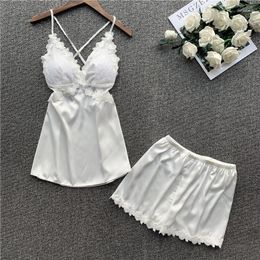 Women's Sleepwear Pyjamas Women Satin Casual 2PCS PJS Set Lace Patchwork Strap Top&Shorts Summer Intimate Lingerie Home Clothes