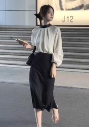 Work Dresses Women's Clothing For Spring And Summer 2023 Contrast Colour Stand-up Collar Shirt With Fishtail Skirt Suit 0316