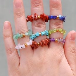 Crystal Irregular Natural Stone Chip Rings Aquamarine Amethyst Colorful Gravel Beaded Finger Ring for Women Girl Gift