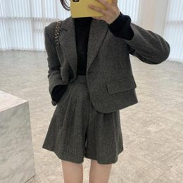 Work Dresses Autumn Winter Wool Blazer Shorts Two Piece Sets For Women Outfits Full Sleeve Jacket With High Waist A-line Short Pants