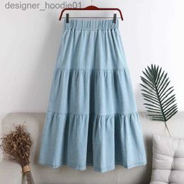 Skirts Early Autumn 2021 High Waist Skirt Thinner A-line Elastic Denim Fabric Stitching Mid-length Woman Skirts L230912