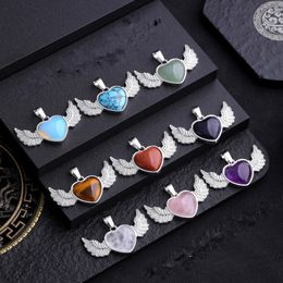 Natural Stone amethyst Pendant Heart shaped wings Angel opal pink crystal pendant charms for for Jewellery making necklaces