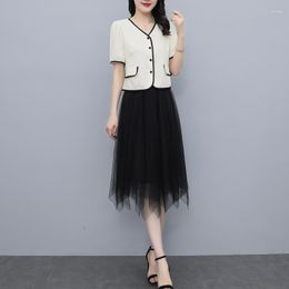 Work Dresses Small Fragrance Women's Set Short Sleeve Shirt Crop Tops And Wide Leg Pants Elegant Gauze Skirt Suits Two Piece Outfit