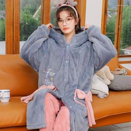 Women's Sleepwear Winter Flannel Pyjama Set For Women Thick Warm Sweet Cute Hooded Nightgown Suits Long Sleeve Trousers Pijamas Female