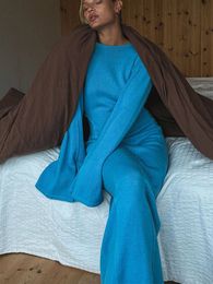 Basic Casual Dresses Flared Long Sleeves Split Maxi Dres Fashion Blue O neck Sweater Female Elegant Bodycon Vestidos 230912