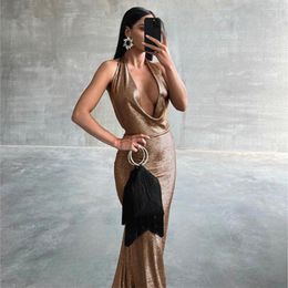 Casual Dresses Brown Backless Maxi Dress Women Summer Sexy Halter Sleeveless Bodycon Fashion Elegant Long Evening Party 2023