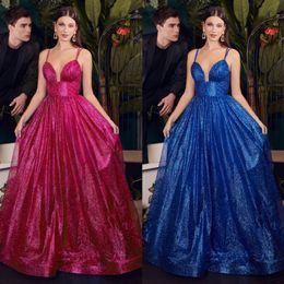 Glitter Prom Dresses A Line Pleated Evening Gowns Spaghetti Straps Plunging Neckline Floor Length Tulle Formal Dress