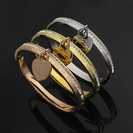 Luxury single row diamond gold Bangle designer monogram heart bracelet with diamonds 18K plated 925 stainless steel wedding lover 322Y