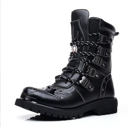 Winter Men Motorcycle Boots New Fashion Mid-Calf Punk Rock Punk Shoes Mens Genuine Leather Black High Top Mens Casual Boot 38-46 For Boys Party Boots