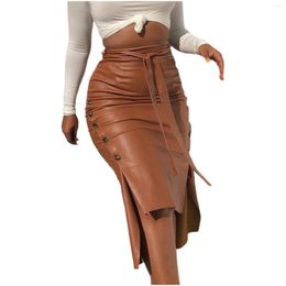 Skirts Women'S High Waist Button Trim Solid Color Slit Skinny Leather Midi Pencil Skirt Kawaii For Women Mini Y2k Style