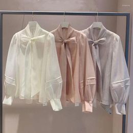 Women's Blouses Kuzuwata Japan Lantern Sleeve Slim Blusa Feminina Large Bow Collar Solid Colour Camisa 2023 Spring Yarn Trendy Exquisite