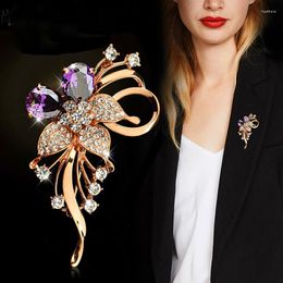 Brooches Luxury Elegant Blue Purple Crystal Flower Silver Gold Colour Rhinestone Alloy Plant Brooch Lady Party Safety Pins Gifts