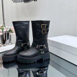 Comfortable half boots leather designer boot women fashionable Martin Boots belt buckle decoration knight Boot wheel teeth casual high quality ankle boot