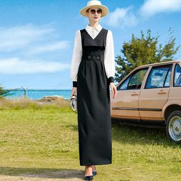 Casual Dresses Spring Office Lady Long Dress Women Black Straight Sleeve Pencil Patchwork Lace Slip Slim Waist With Belt