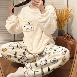 Women's Sleepwear Flannel Pajamas Set Autumn Winter Warm Cartoon Print Women Pyjamas Sets Thick Coral Velvet Long Sleeve