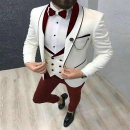 Men's Suit Fashion Formal Business Slim Fit 3-Pieces White Blazers Burgundy Pant Tuxedo Wedding Men Suits Groom &341G