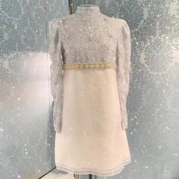 Casual Dresses French Heavy Industry Beaded Rhinestone Mesh Embroidery Stitching Dress Women A-line Stand Collar Long-sleeved Party