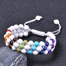 6mm Natural Stone Howlite Three Layer Bracelet Braided 3 Row Yoga 7 Chakra Healing Gemstone Beaded Bracelet for Men Women Jewellery