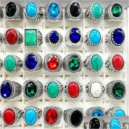 Band Rings New 30Pcs/Pack Turquoise Band Rings Mens Womens Fashion Jewelry Antique Sier Vintage Natural Stone Ring Party Gifts Drop De Dhvsh