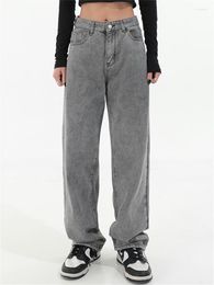 Women's Jeans 2023 Bottoms Dark Grey Letter Print Wide Leg Pants Straight High Waist Autumn Street Baggy Denim Trouser