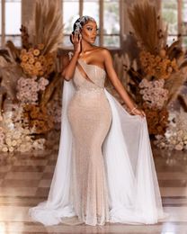 Luxury African Mermaid Wedding Dresses Bride Gowns One Shoulder Glitter Sequins With Tulle Cloak Train Aso Bride Dress Plus Size