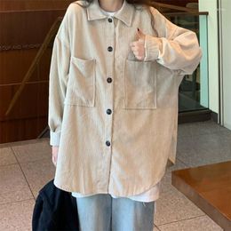 Women's Blouses Vintage Corduroy Shirt Oversize Loose Casual Pocket Fall Button Up Long Shirts Solid Korean Black Chic Female Tops