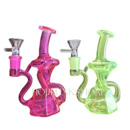 5.63in Fluorescent Glass Smoking Water Pipes Recycler Dab Rigs with Inline Percolator for Tobacco Smoking Color Randomly with 14mm Male Joint Glass Bowl
