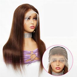#4 Brown Bone Straight 13x4 Lace Front Human Hair Wigs Raw Indian Hair Colored 4x4 Transparent Lace Closure Wig For Women Pre-Pluc236n
