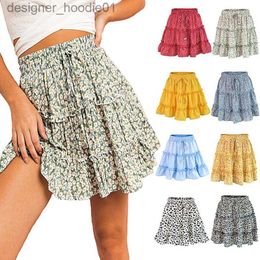 Skirts Floral Dot Print Ruched skirts half-Dress High Waist Ruffle Midi Skirt Summer Women Clothes Mini Dresses beach wear drop ship L230912