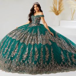Hunter Ball Gown Quinceanera Dresses Beaded Gold Appliqued Prom Gowns Off The Shoulder Neckline Tiered Tulle Sweet 15 Corset Masquerade Dress
