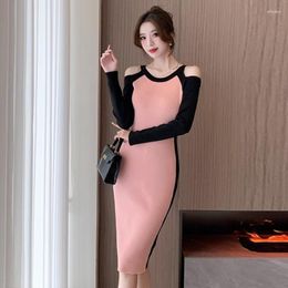 Casual Dresses Chic For Women 2023 Patchwork Off Shoulder Knee-Length Dress O-Neck Slim Knitted Vestidos Bodycon French Style Dropship