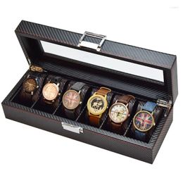 Watch Boxes 6 Slots Carbon Fibre Storage Organizer Box Fiber Men Watches Wooden Case Display Packaging Gift