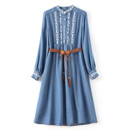 2023 Summer Blue Solid Colour Embroidery Dress Long Sleeve Stand Collar Waist Belted Midi Casual Dresses S3S08W09080906