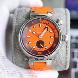 New Silver Case QBB201 Tambour Automatic Mens Watch Olive Orange Dial Rubber Strap 44mm Gents Popular Wristwatches