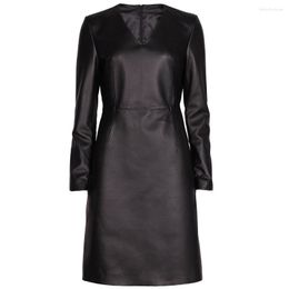 Casual Dresses YOLOAgain 2023 Autumn O-Neck Long Sleeve Elegant Black Genuine Leather Dress Women