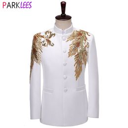 Men's Suits Blazers Shiny Gold Sequin Patchwork Suit Jacket Men Brand Mandarin Collar Single Breasted Blazers Wedding Party Stage Host Costume Homme 230912