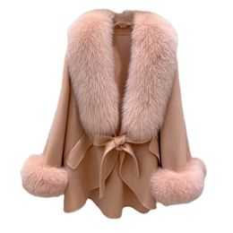 Women's Notched Lapel Wool Coats Belt Pea Coats Real Fox Fur Collar Warm Thicken Trench Jacket