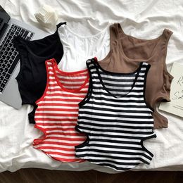 Women's Tanks HELIAR Stripes Solid Knitted Tank Tops Hollow Out Sleeveless Sexy Crop With Padded Bra O-neck Casual Irregular Hem