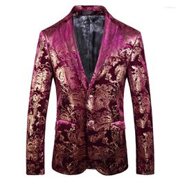 Men's Suits Spring Korean Style Unique Gold Bronzing Printed Velvet Suit Men Casual Slim Flower Slits For Size 48-60