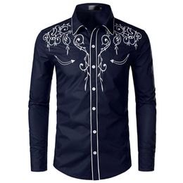 Men Stylish Western Cowboy Shirt Embroidery Slim Fit Casual Long Sleeve Shirts Wedding Party Shirt for Male210F