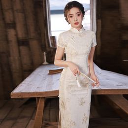Basic Casual Dresses 2023 White Lace Cheongsam Women Short Sleeve Traditional Vintage Dress Show Costumes Slim Embroidery Qipao Robe Chinoise Femme 230911