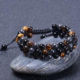 6mm Natural Stone Yellow Tiger Eye Black Agate Three Layer Bracelet Braided Hematite 3 Row Gemstone Bracelets bangle cuff