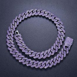 15mm Iced Cuban Link Prong Chain 2 Row Purple CZ Diamond Cubic Zirconia Hiphop Jewellery 16inch-24inch Choker Necklace251H