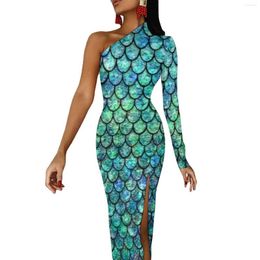 Casual Dresses Colorful Sparkle Maxi Dress Long Sleeve Mermaid Scale Print Party Bodycon Autumn High Slit Night Club Lady Vestido