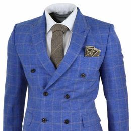 Men Suits and Blazers 2021 Blue Mens Check Three Piece Double Breasted Suit Gatsby Mafia Peaky Blinders Vintage 1920s Costume Homm266K