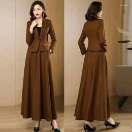 Two Piece Dress Solid Pieces Set Women Notched Single Button Full Sleeves Blazer Coat Ankle-Length Skirt Oversized 4XL 2023 Temperament